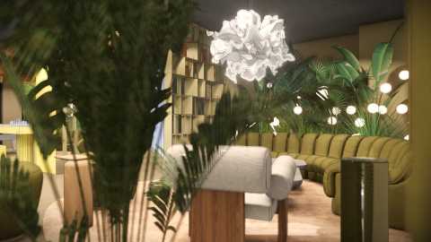 Modernes Wohnzimmer mit vielen Pflanzen, grünem Sofa und auffälliger Leuchte.