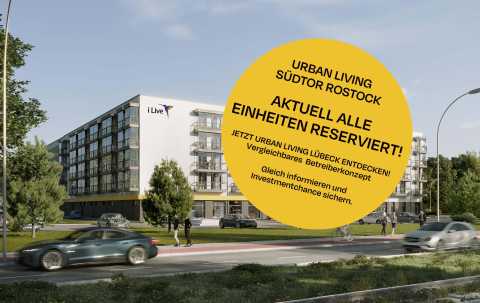Modernes Wohngebäude mit großem gelben Kreis und Reservierungshinweis.