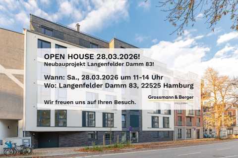 Moderne Wohngebäude mit Einladung zum Open House am 28.03.2026 in Hamburg.