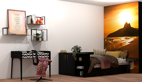 Modernes Schlafzimmer mit Schreibtisch, Regal und Sonnenuntergangstapete.