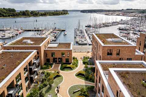 Moderne Wohnhäuser mit begrünten Dächern, dahinter Yachthafen am Wasser.