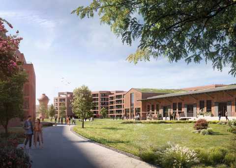 Moderne Gebäude, viele Menschen, Grünflächen und Bäume an einem sonnigen Tag.