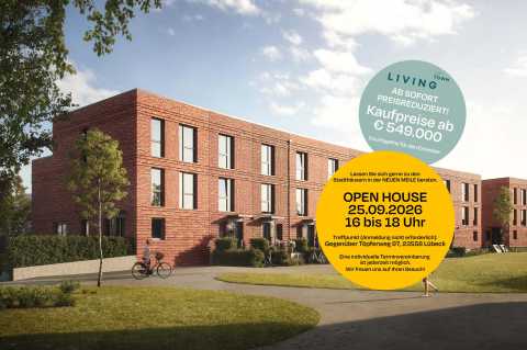 Moderne, rote Stadthäuser aus Klinker mit Info-Kreisen zu Verkauf und Besichtigung.