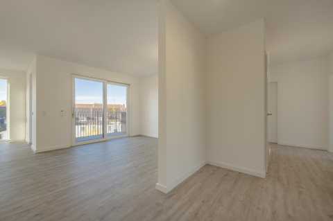 Helles, leeres Zimmer mit Holzboden, weißen Wänden und großen Fenstern.