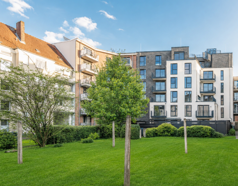 Moderne Wohnhäuser mit Balkonen und grünem Garten samt Bäumen im Vordergrund.