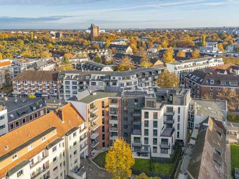 Luftaufnahme von Wohnhäusern und herbstlichen Bäumen in einem Stadtviertel.