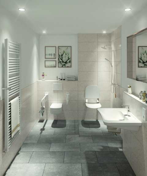 Barrierefreies, modernes Badezimmer mit Haltegriffen, Dusche und Wandtoilette.