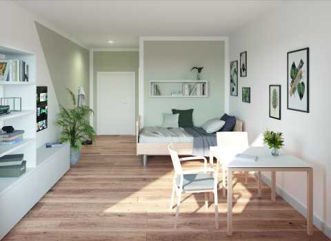 Helles, modernes Apartment mit Holzboden, Bett, Tisch, Pflanzen und Wanddeko.